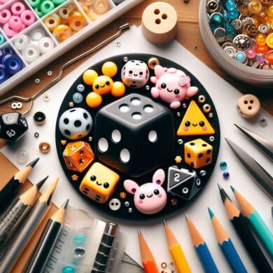 Create a logo for AK Buttons & Beads featuring Dice, Plushies, and resin jewelry